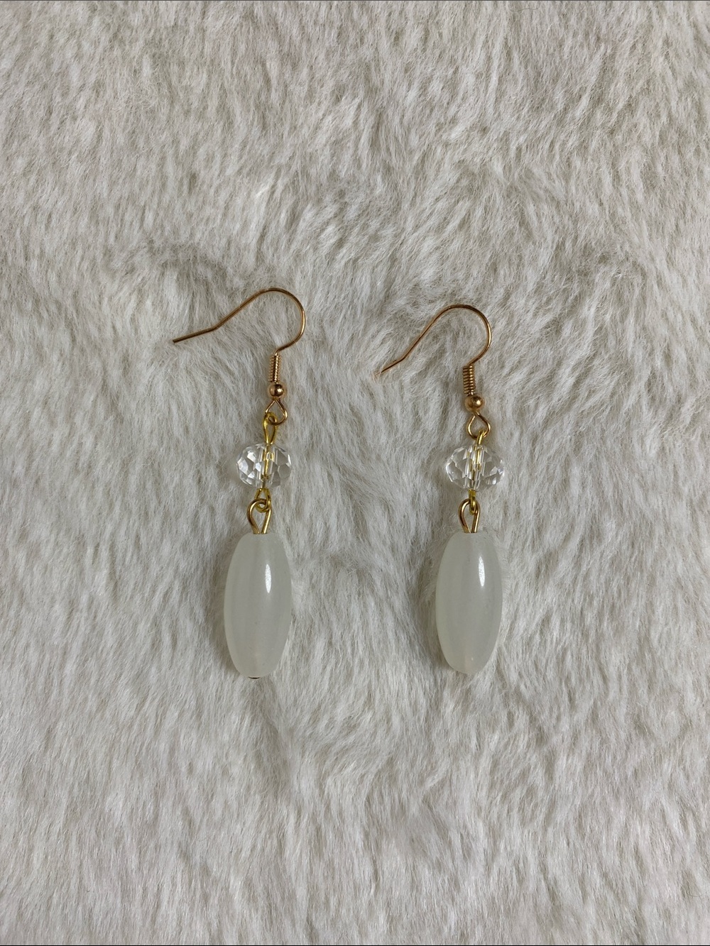 Elegant White Oval Bead Drop Earrings with Gold Hooks 2.25in
